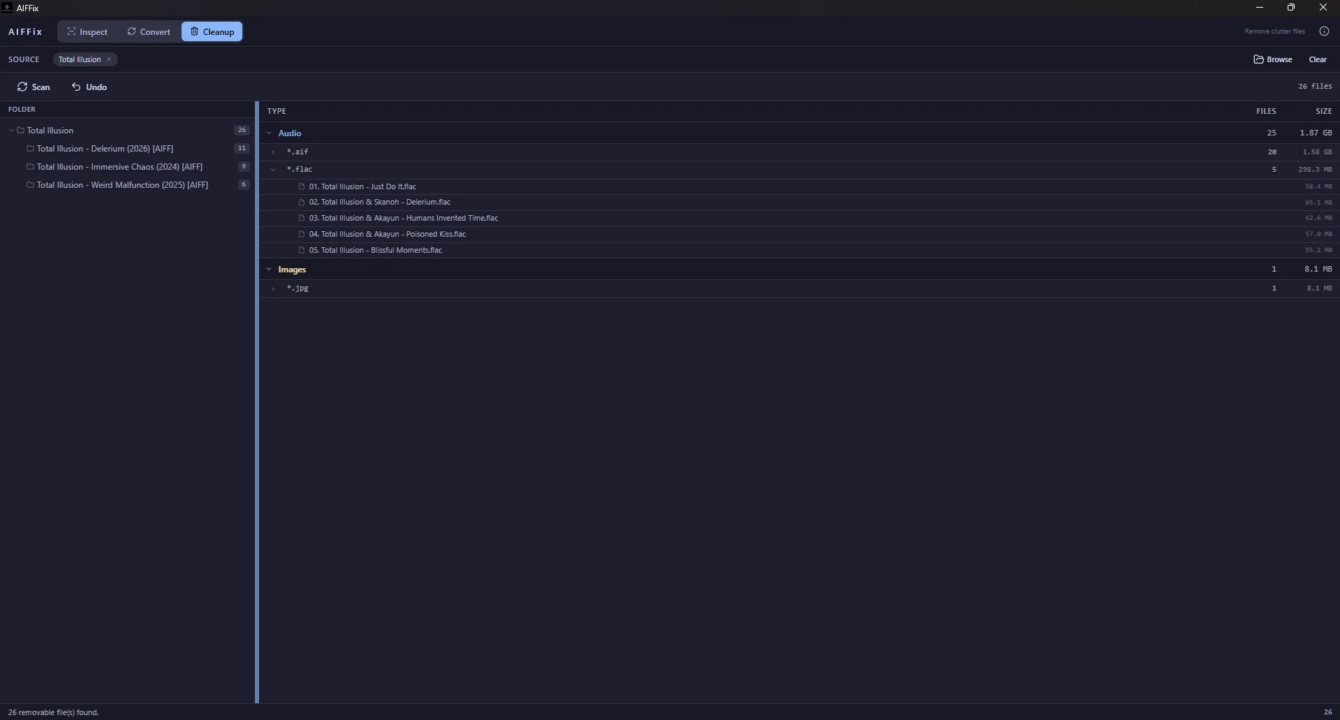 AIFFix Cleanup tab, grouping leftover clutter files by type